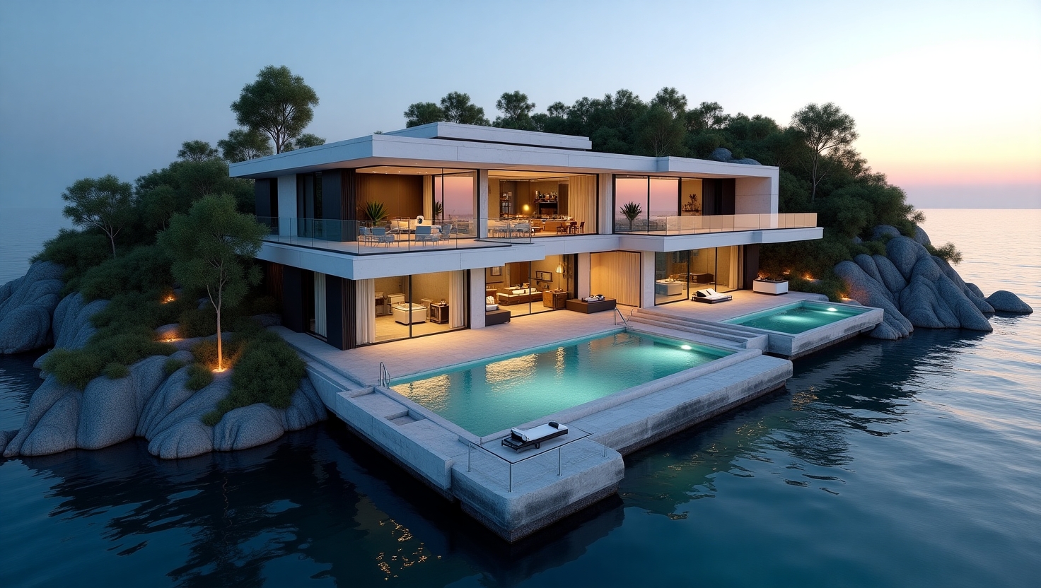 Breathtaking Modern Waterfront Estate with Private Peninsula & Luxury Amenities