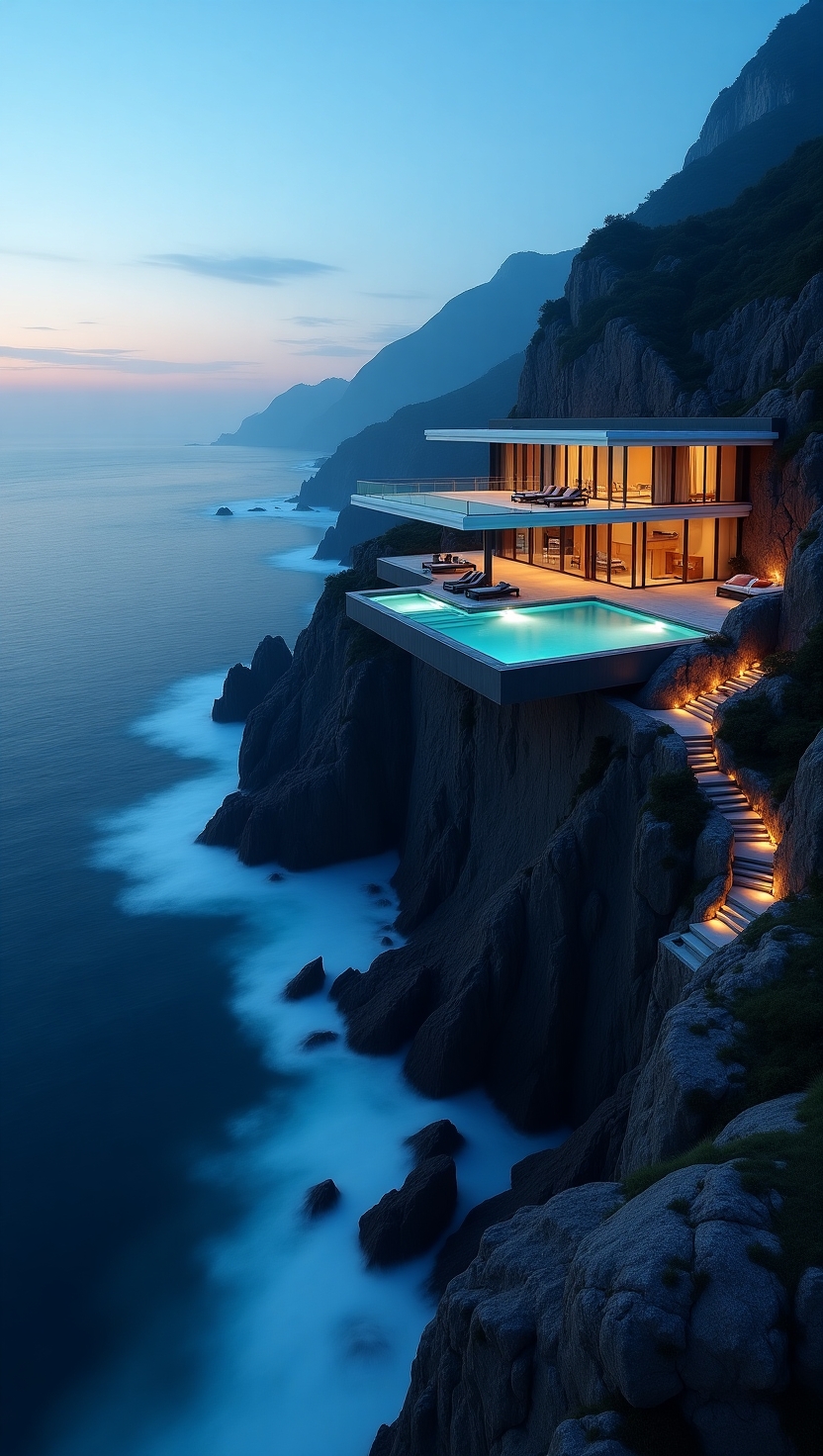 A Masterpiece of Luxury: Cliffside Mansion at Blue Hour – Where Architecture Meets the&nbsp;Horizon